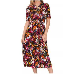 MSK Floral Midi Dress Womens M Collared Multicolor Front Zip Short Sleeve Jersey